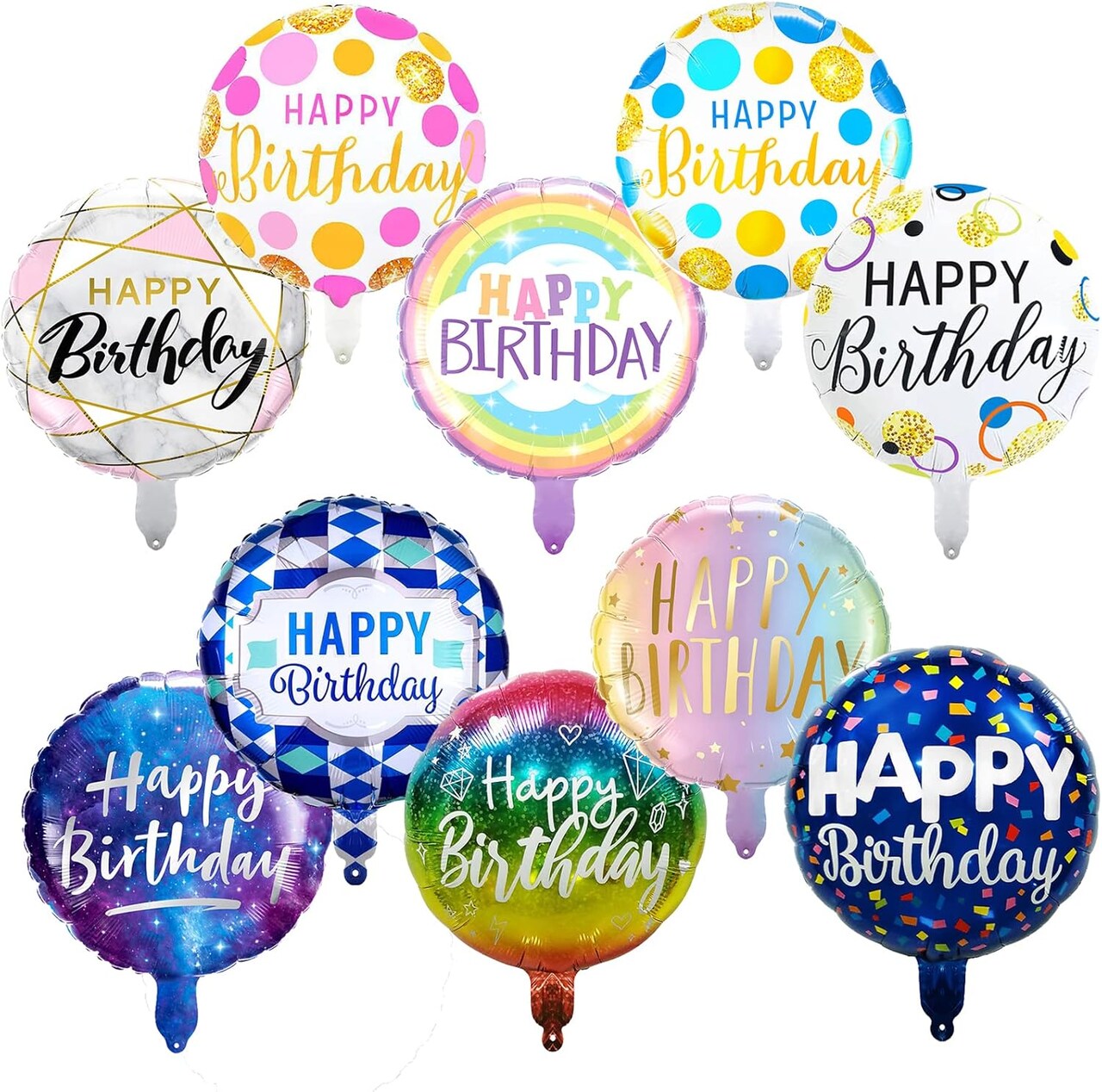 10 Pcs Happy Birthday Balloons, 18" Round Aluminum Foil Mylar Helium Balloon Inflatable Balloons for Birthday Party Decorations Supplies, Multi Pattern